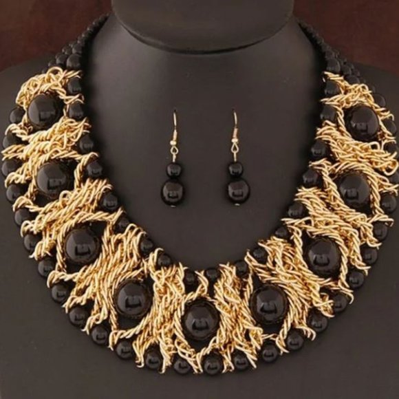 Black & Gold Faux Pearl Collar Necklace Set - Picture 1 of 2